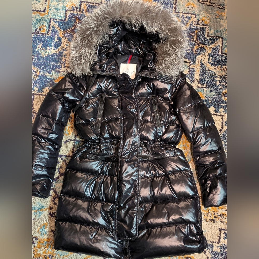 Moncler Glossy Black Puffer Jacket with Silver Fur